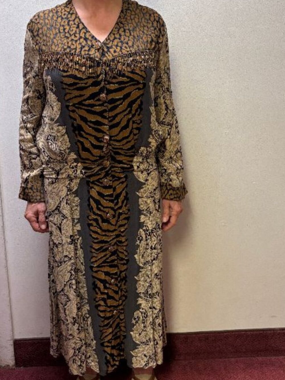 Carole Little Petites Vintage Animal/Floral 2-Piece Long Sleeve Top & Maxi Skirt